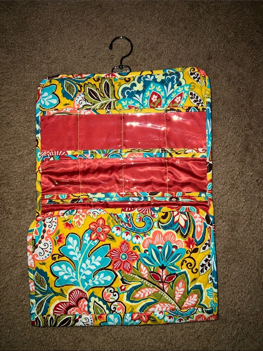 Vera Bradley Yellow Floral Hanging Jewelry Organizer with Red Interior